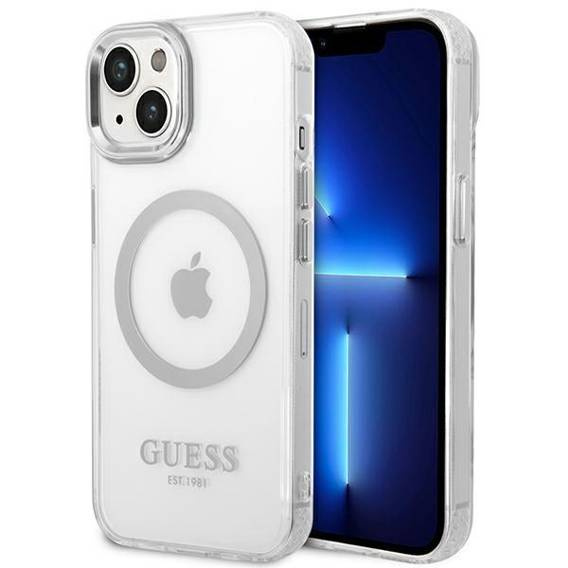 Original Case IPHONE 14 Guess Hard Case Metal Outline Magsafe (GUHMP14SHTRMS) silver