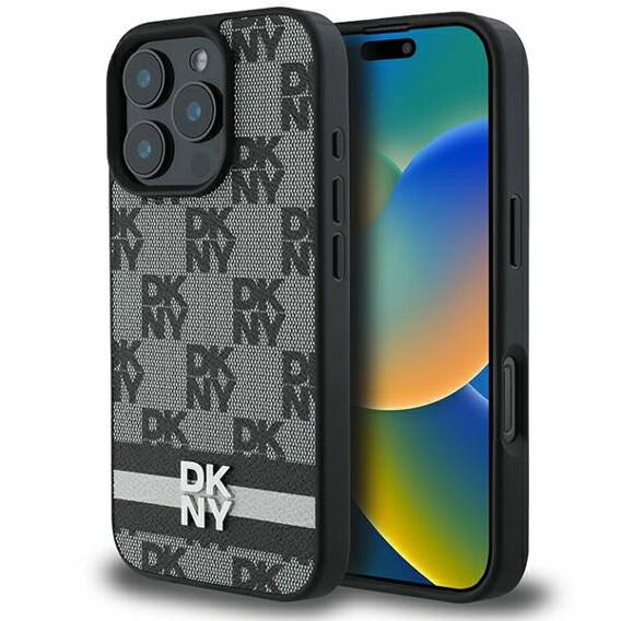 Original Case IPHONE 16 PRO MAX DKNY Hardcase Checkered Pattern & Printed Stripes (DKHCP16XPCPTSSK) black