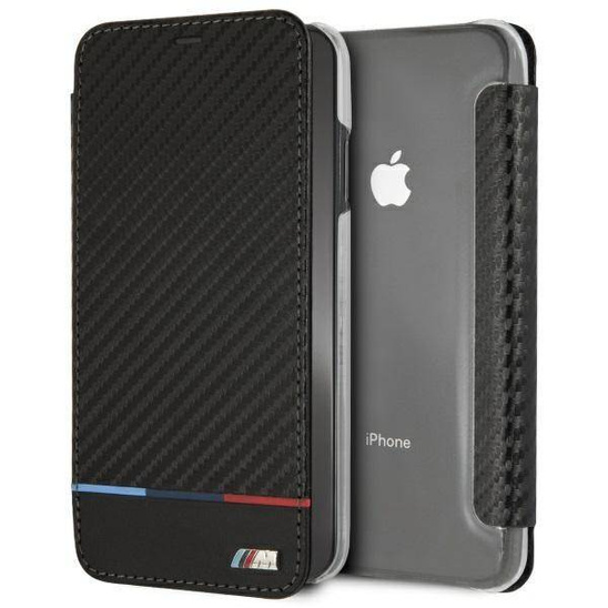 Oryginalne Etui IPHONE XS MAX BMW Book Carbon Tricolor Stripe czarne