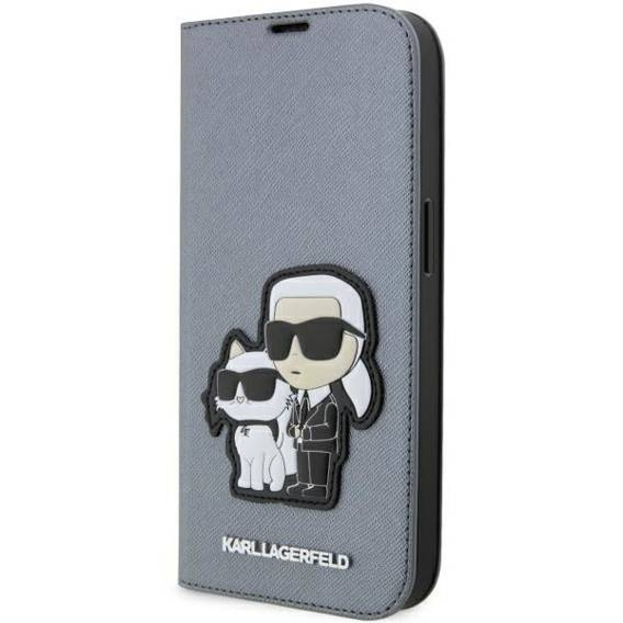 Original Case IPHONE 14 PRO MAX Karl Lagerfeld Bookcase Saffiano Karl & Choupette (KLBKP14XSANKCPG) silver