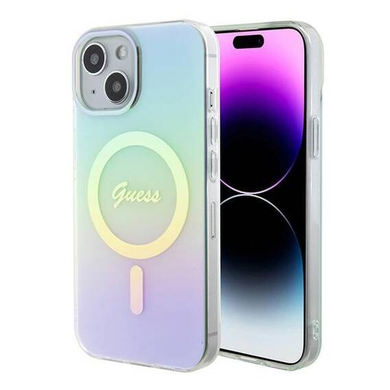 Oryginalne Etui APPLE IPHONE 15 Guess Hardcase IML Iridescent MagSafe (GUHMP15SHITSQ) turkusowe