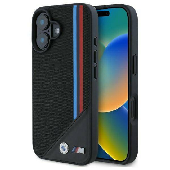 Original Case IPHONE 16 BMW Hardcase M Meshed Tricolor Stripes MagSafe (BMHMP16S23PUTRK) black