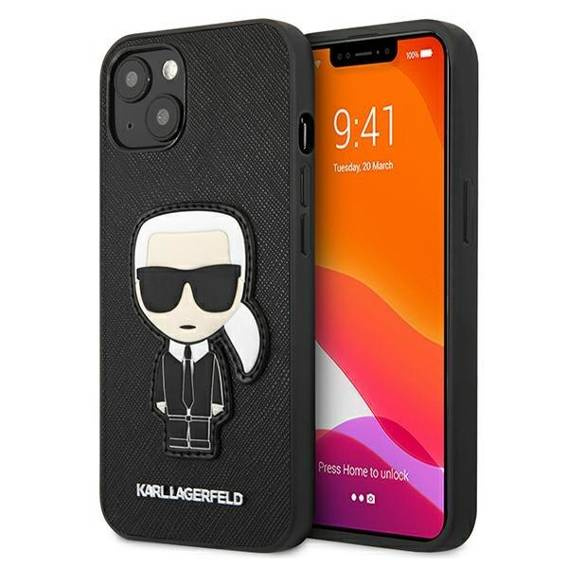 Original Case IPHONE 13 MINI Karl Lagerfeld Hardcase Saffiano Ikonik Karl's Patch (KLHCP13SOKPK) black