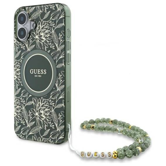 Original Case IPHONE 16 PLUS Guess Hardcase IML Flowers Allover Electro With Pearl Strap MagSafe (GUHMP16MHCPOFPA) green