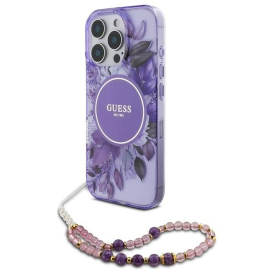 Original Case IPHONE 16 PRO Guess Hardcase IML Flowers With Pearl Strap MagSafe (GUHMP16LHFWBRCESU) purple