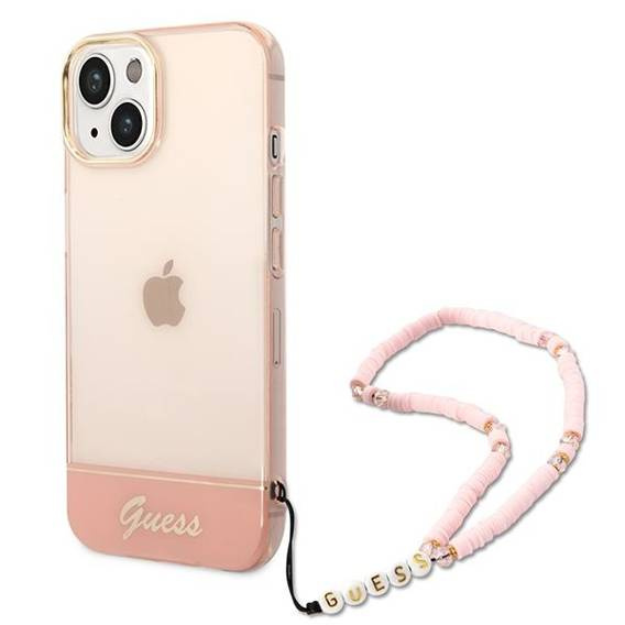 Original Case IPHONE 14 PLUS Guess Hardcase Translucent Pearl Strap pink