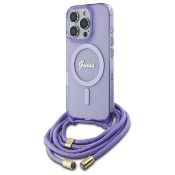 Original Case IPHONE 16 PRO MAX Guess Hardcase Crossbody Cord Script MagSafe (GUHMP16XHCTSGNSU) purple