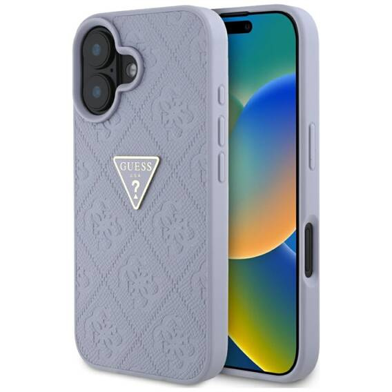 Case IPHONE 16 Guess Hot Stamp 4G Pattern Triangle Metal Logo purple