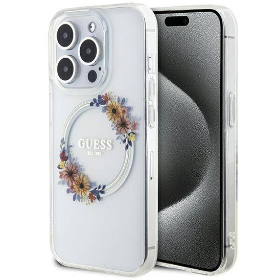 Original Case APPLE IPHONE 15 PRO Guess Hardcase IML Flowers Wreath MagSafe (GUHMP15LHFWFCT) transparent