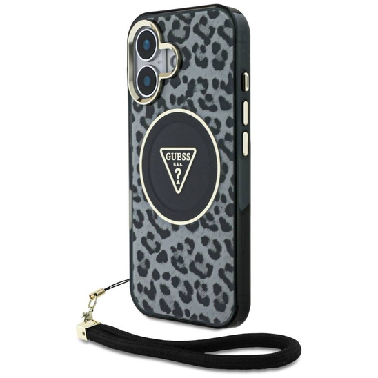 Oryginalne Etui IPHONE 16 Guess HC IML Leopard Triangle Cord Strap czarne