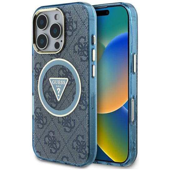 Oryginalne Etui IPHONE 16 PRO MAX Guess IML Metal Glitter 4G Circle Triangle MagSafe niebieskie