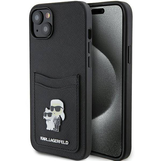 Original Case APPLE IPHONE 15 Karl Lagerfeld Hardcase Saffiano Cardslot Karl&Choupette Metal Pin (KLHCP15SSAPKCNPK) black