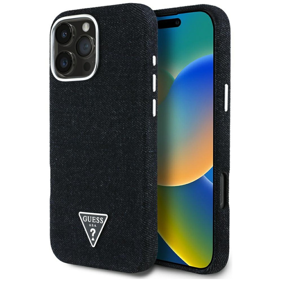 Original Case IPHONE 16 PRO Guess Denim Triangle Logo MagSafe black