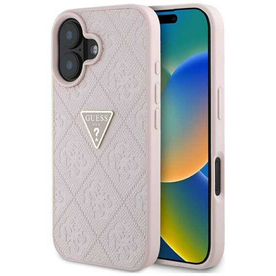 Case IPHONE 16 Guess Hot Stamp 4G Pattern Triangle Metal Logo pink