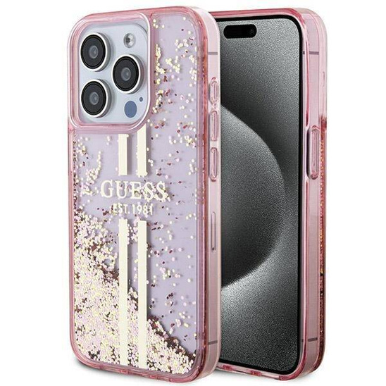 Original Case APPLE IPHONE 15 PRO Guess Hardcase Liquid Glitter Gold Stripes (GUHCP15LLFCSEGP) pink