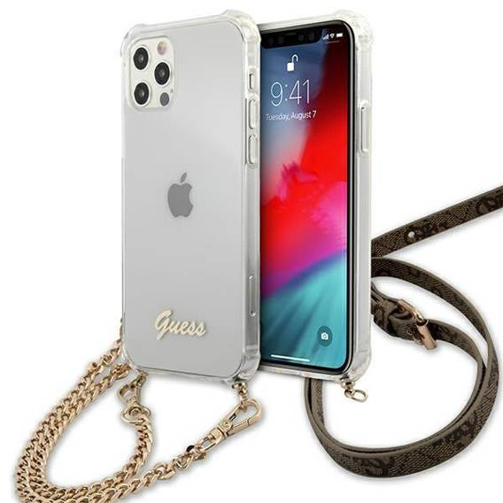 Original Case IPHONE 12 / 12 PRO Guess Hardcase 4G Gold Chain (GUHCP12MKC4GSGO) transparent