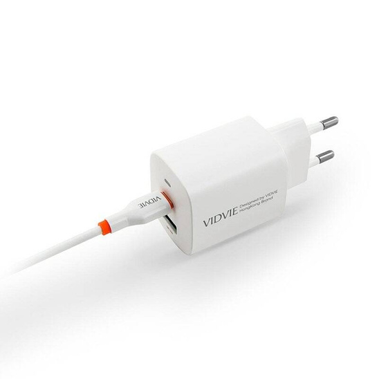 VIDVIE PLE248 mains charger 1xUSB + 1xType C + Type C/iPhone cable 3A PD 20W white