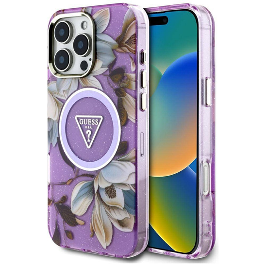 Case IPHONE 16 PRO Guess Glitter Flowers Triangle Buttons MagSafe purple