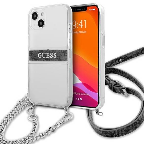 Original Case IPHONE 13 MINI Guess Hardcase 4G Grey Strap Silver Chain (GUHCP13SKC4GBSI) transparent