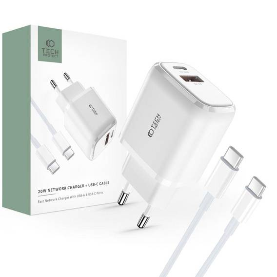 Ładowarka Sieciowa 20W USB QC3.0 + USB-C PD + Kabel USB-C - USB-C Tech-Protect C20W biała