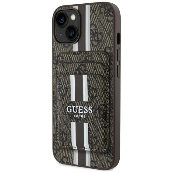 Oryginalne Etui IPHONE 15 Guess 4G Stripes z Portfelem Magsafe brązowe