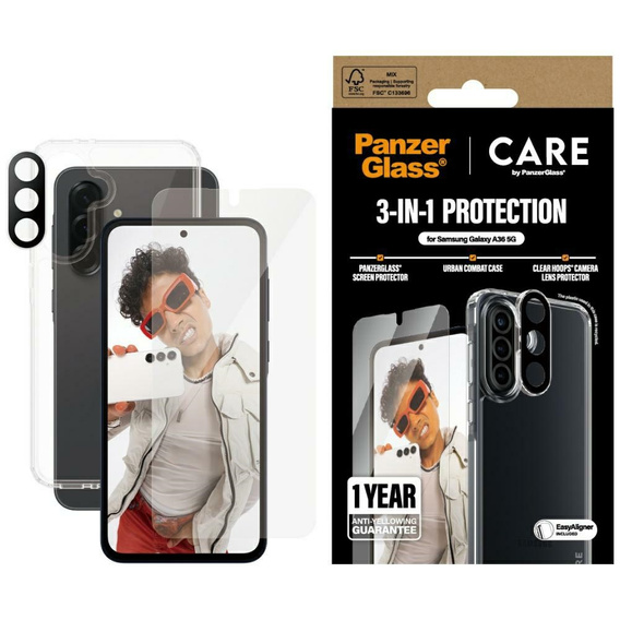 Zestaw 3w1 SAMSUNG GALAXY A36 5G Etui + Szkło hartowane + Szkło na obiektyw CARE by PanzerGlass Flagship transparentne