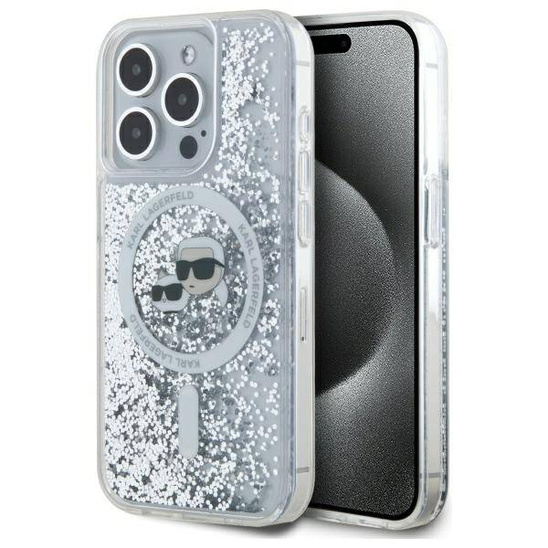 Original Case IPHONE 15 PRO Karl Lagerfeld Hardcase Liquid Glitter Karl&Choupette Head MagSafe (KLHMP15LLGKCSGH) transparent