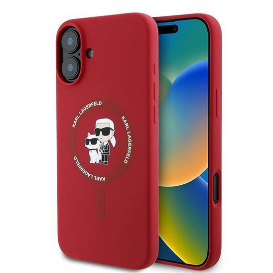 Original Case IPHONE 16 PLUS Karl Lagerfeld Hardcase Silicone Karl&Choupette Ring MagSafe red