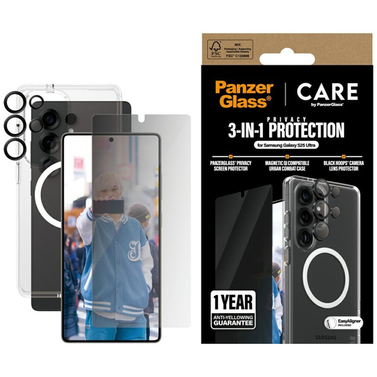 3in1 Set SAMSUNG GALAXY S25 ULTRA Case + Privacy Glass + Lens Cover CARE by PanzerGlass Flagship transparent