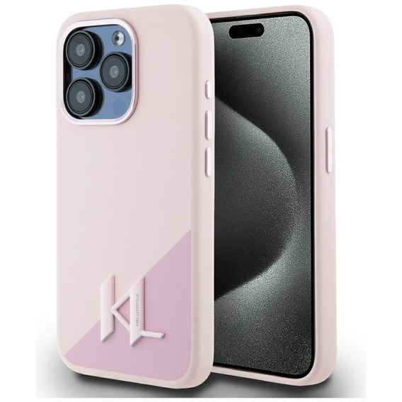 Original Case IPHONE 15 PRO Karl Lagerfeld Hardcase Silicone Shadow Metal Initial MagSafe pink