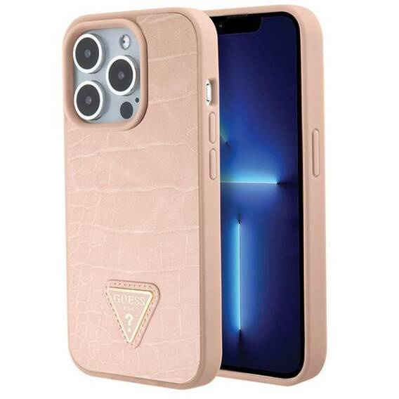 Oryginalne Etui APPLE IPHONE 15 PRO MAX Guess Hardcase Croco Triangle Metal Logo (GUHCP15XPCRTHCP) różowe