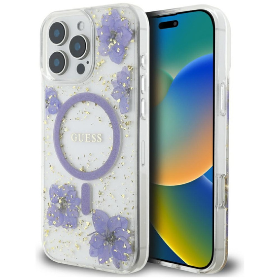 Original Case IPHONE 16 PRO Guess Hardcase Resin Flowers MagSafe purple