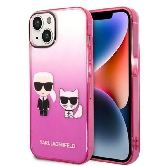 Original Case IPHONE 14 Karl Lagerfeld Hardcase Gradient Ikonik Karl & Choupette (KLHCP14STGKCP) pink