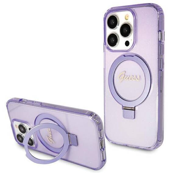 Original Case APPLE IPHONE 15 PRO Guess Hardcase Ring Stand Script Glitter MagSafe (GUHMP15LHRSGSU) purple