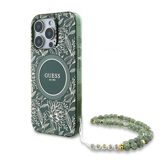 Original Case IPHONE 16 PRO Guess Hardcase IML Flowers Allover Electro With Pearl Strap MagSafe (GUHMP16LHCPOFPA) green