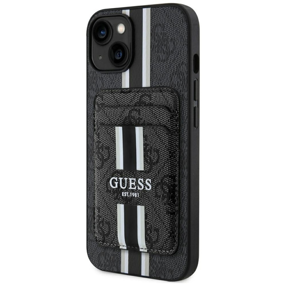 Oryginalne Etui IPHONE 15 Guess 4G Stripes z Portfelem Magsafe czarne