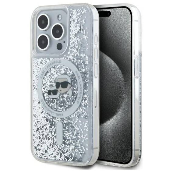 Oryginalne Etui IPHONE 15 PRO MAX Karl Lagerfeld Hardcase Liquid Glitter Karl&Choupette Head MagSafe (KLHMP15XLGKCSGH) transparentne