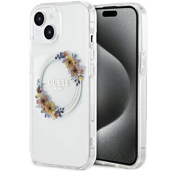 Oryginalne Etui IPHONE 13 / 14 / 15 Guess Hardcase IML Flowers Wreath MagSafe (GUHMP15SHFWFCT) transparentne