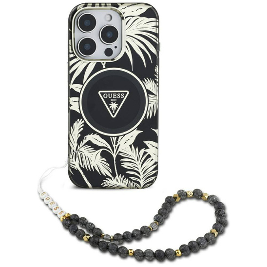 Original Case IPHONE 16 Guess Palm Trees Triangle Pearl Strap MagSafe black