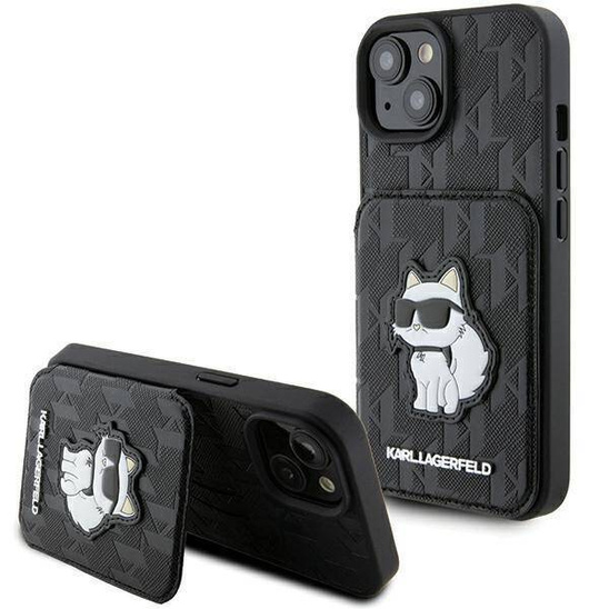 Oryginalne Etui APPLE IPHONE 15 Karl Lagerfeld Hardcase Saffiano Cardslots and Stand Monogram Choupette (KLHCP15SSAKCNSCK) czarne