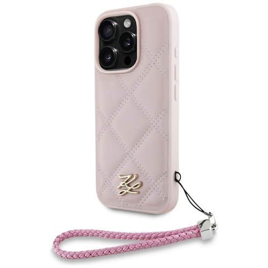 Oryginalne Etui IPHONE 16 PRO MAX Karl Lagerfeld Quilted Initial Logo & Chain Strap różowe