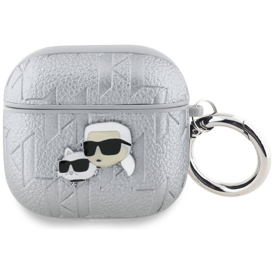 Oryginalne Etui APPLE AIRPODS 4 Karl Lagerfeld Cover Monogram Karl & Choupette Head srebrne