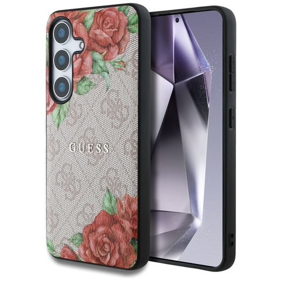 Original Case SAMSUNG GALAXY S25 Guess Leather 4G Flowers Print Metal Classic Logo MagSafe pink