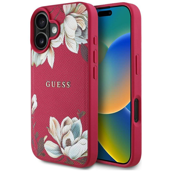 Etui IPHONE 16 Guess Grained Printed Flower Pattern MagSafe fuksja