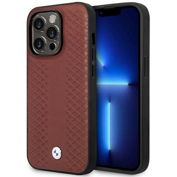 Original Case IPHONE 14 PRO BMW Leather Diamond Pattern MagSafe (BMHMP14L22RFGR) burgundy