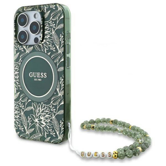 Original Case IPHONE 16 PRO MAX Guess Hardcase IML Flowers Allover Electro With Pearl Strap MagSafe green