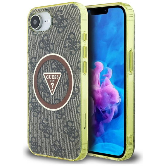 Oryginalne Etui IPHONE 16E Guess IML Metal Glitter 4G Circle Triangle MagSafe brązowe