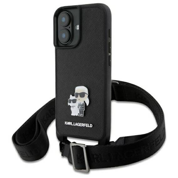 Oryginalne Etui IPHONE 16 Karl Lagerfeld Hardcase Saffiano Karl&Choupette Metal Pin CBDY Strap (KLHCP16SSAKCPBK) czarne