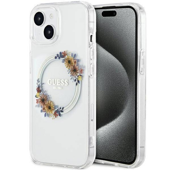 Original Case IPHONE 13 / 14 / 15 Guess Hardcase IML Flowers Wreath MagSafe (GUHMP15SHFWFCT) transparent