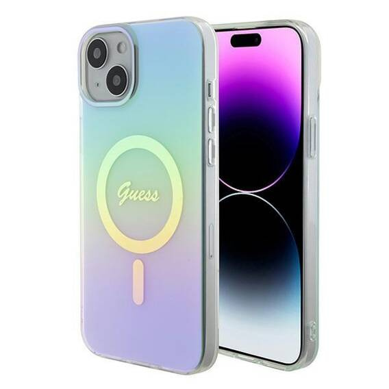 Oryginalne Etui APPLE IPHONE 15 PLUS Guess Hardcase IML Iridescent MagSafe (GUHMP15MHITSQ) turkusowe